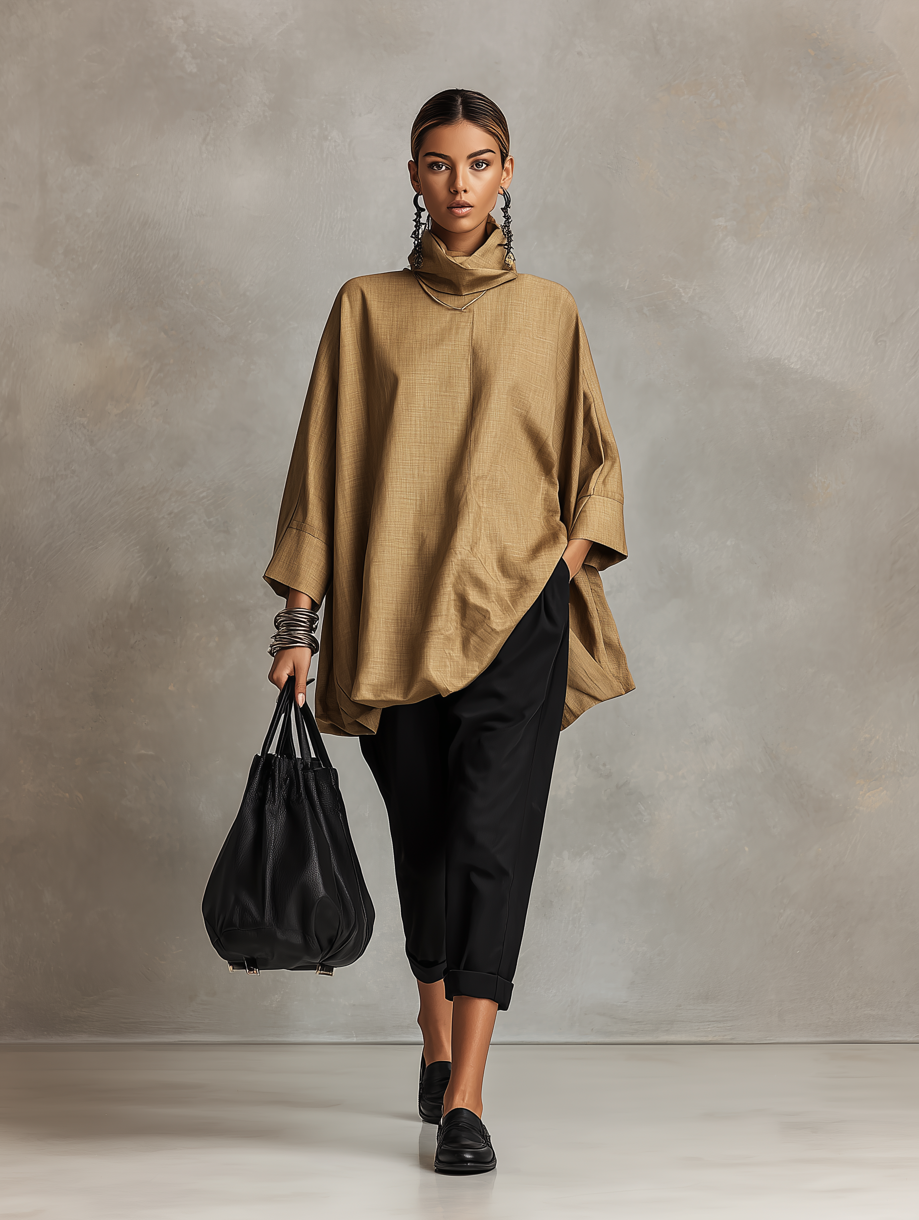 Quiet Luxury Linen Blend Oversized-Fit Camel Cowl Neck Tunic Top