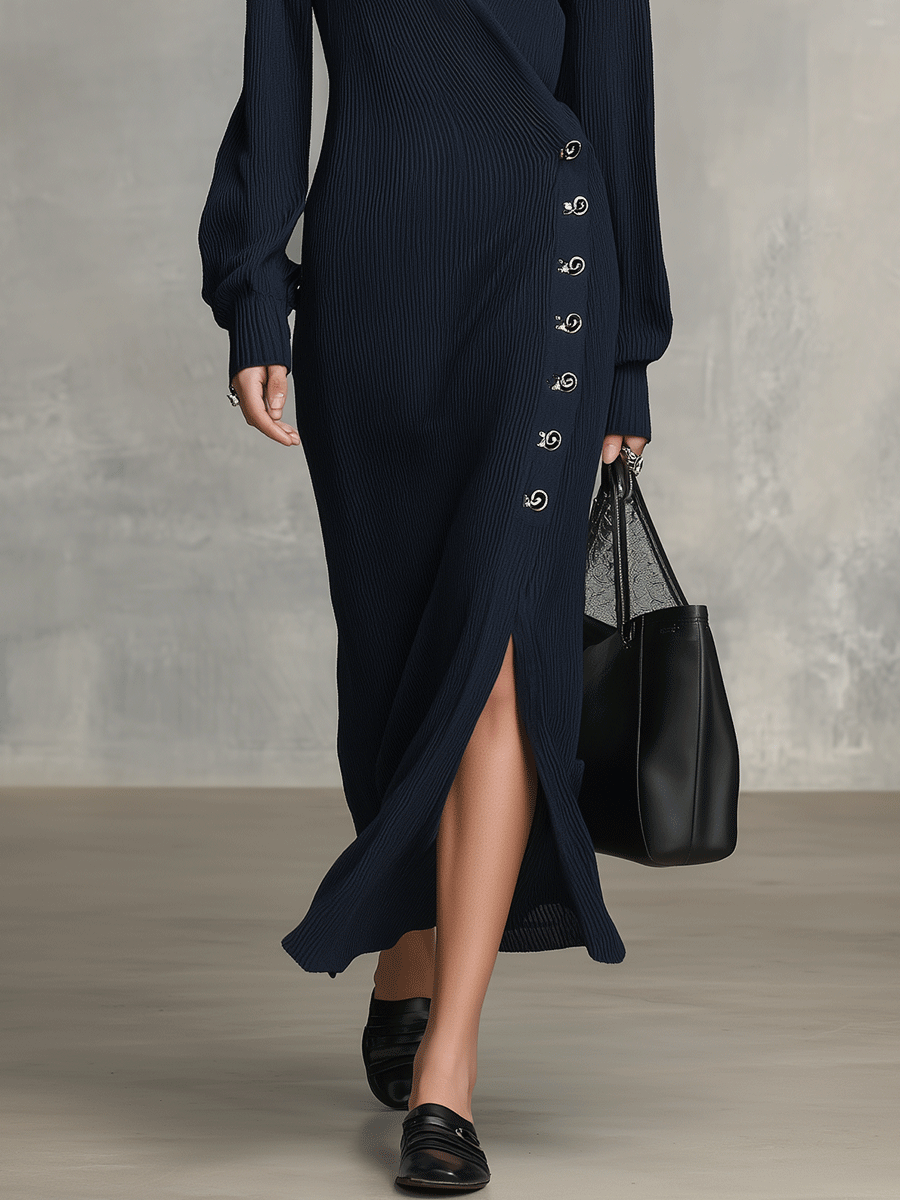 Women's Ribbed Knit Wrap Button Front Slit Midi Dress