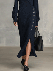 Women's Ribbed Knit Wrap Button Front Slit Midi Dress