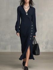 Women's Ribbed Knit Wrap Button Front Slit Midi Dress