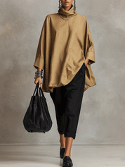 Quiet Luxury Linen Blend Oversized-Fit Camel Cowl Neck Tunic Top