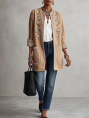 Women's Floral Embroidered Open-Front Suede Jacket