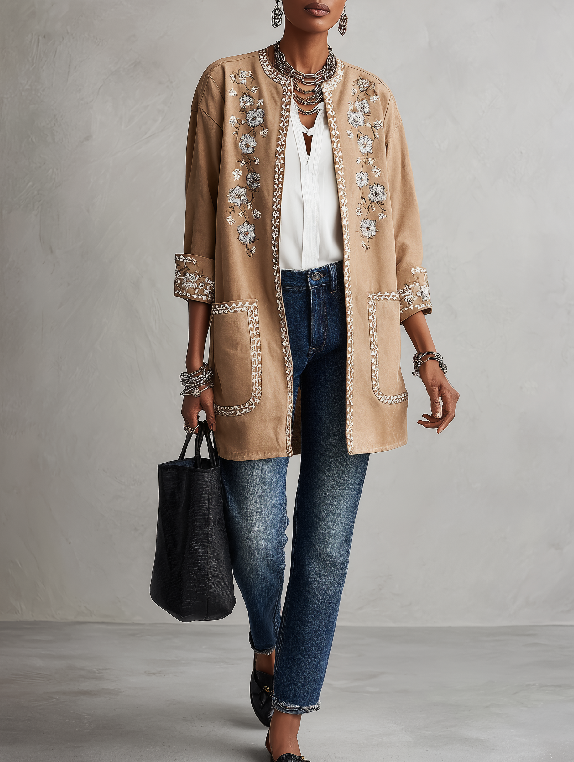 Women's Floral Embroidered Open-Front Suede Jacket