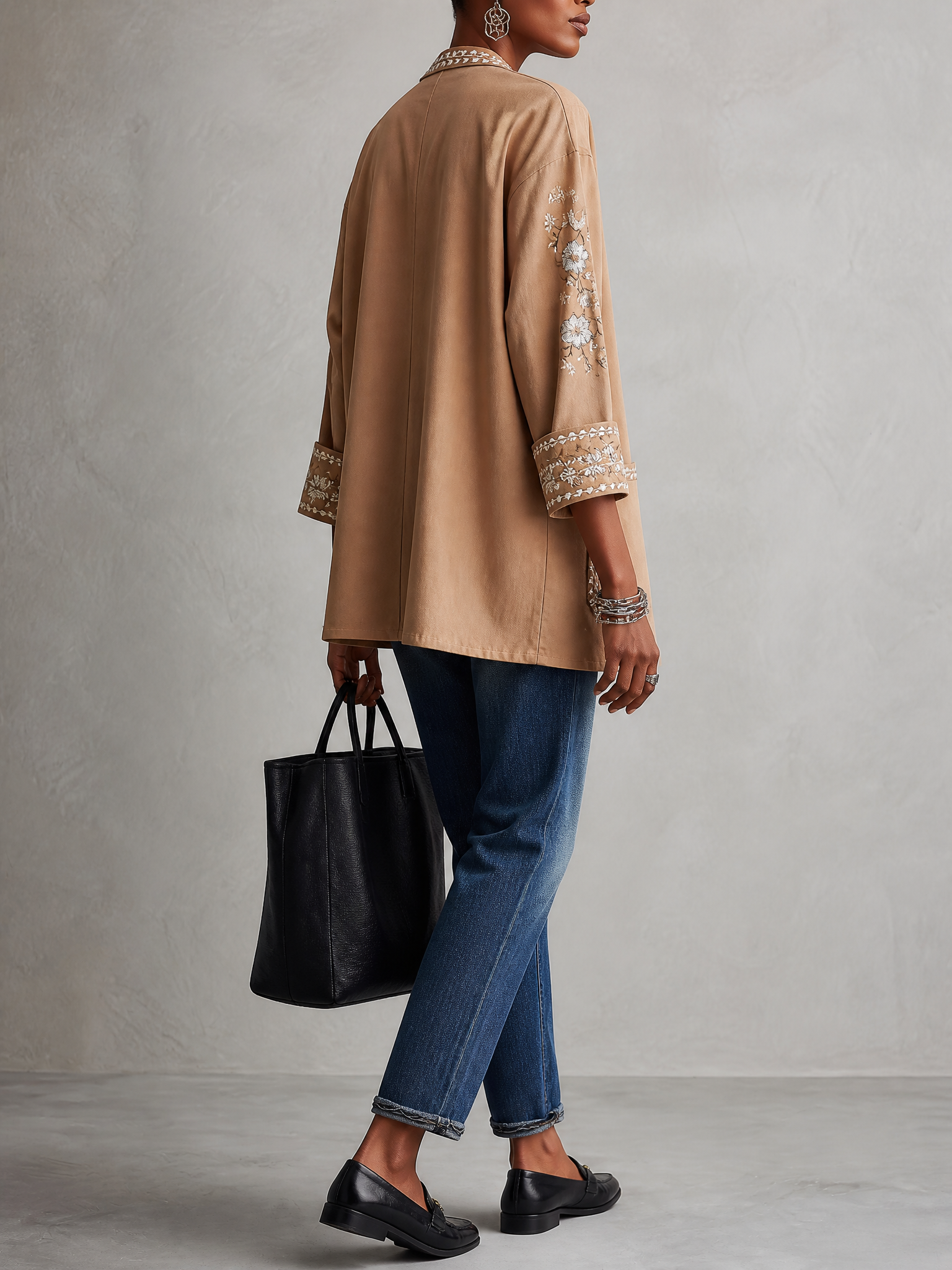 Women's Floral Embroidered Open-Front Suede Jacket