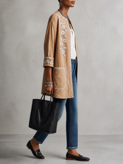 Women's Floral Embroidered Open-Front Suede Jacket