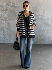 Women's Striped Button-Up Knit Raw-Edge Trim And Pockets Cardigan