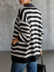 Women's Striped Button-Up Knit Raw-Edge Trim And Pockets Cardigan