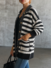 Women's Striped Button-Up Knit Raw-Edge Trim And Pockets Cardigan
