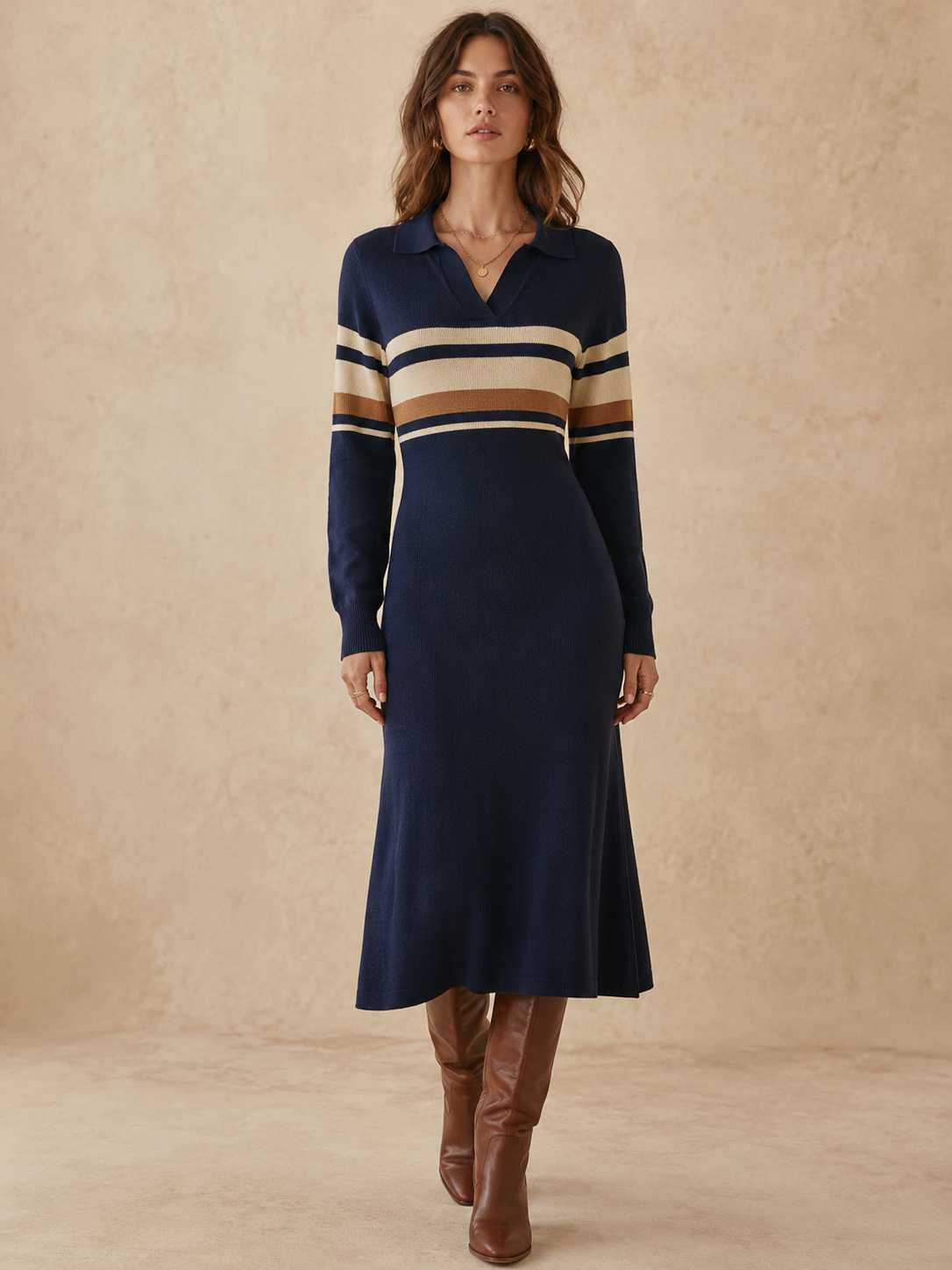 Effortless Cozy Ribbed-Knit Contrast-Stripe V-Neck Navy Blue A-Line Sweater Maxi Dress