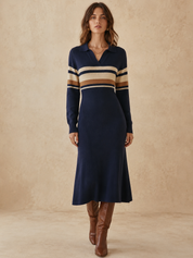 Effortless Cozy Ribbed-Knit Contrast-Stripe V-Neck Navy Blue A-Line Sweater Maxi Dress