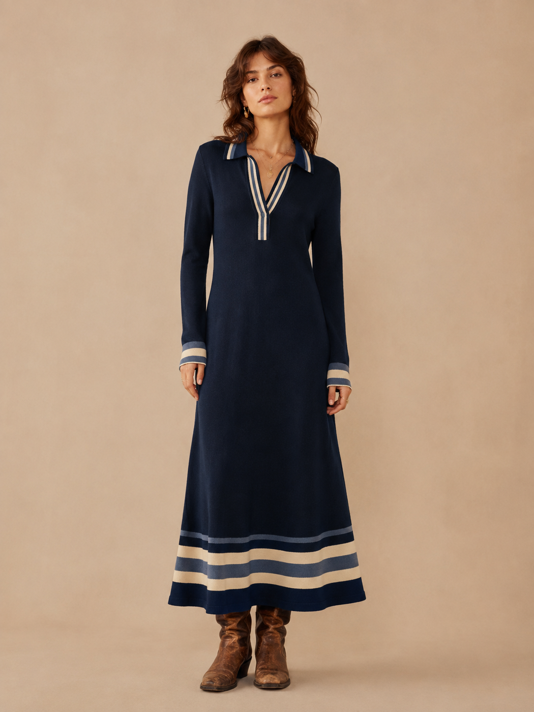 Chic Ribbed-Knit Contrast-Stripe Navy Blue Sweater Maxi Dress