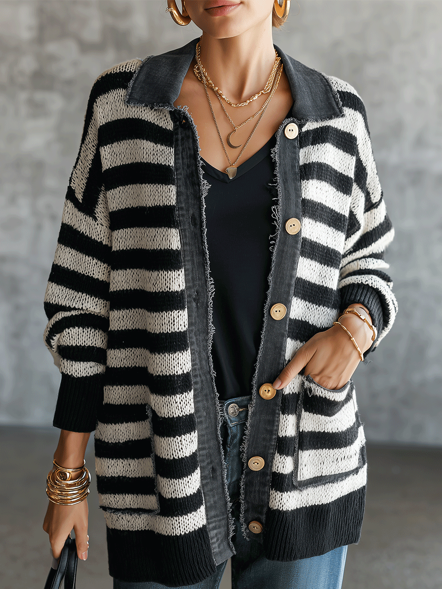 Women's Striped Button-Up Knit Raw-Edge Trim And Pockets Cardigan