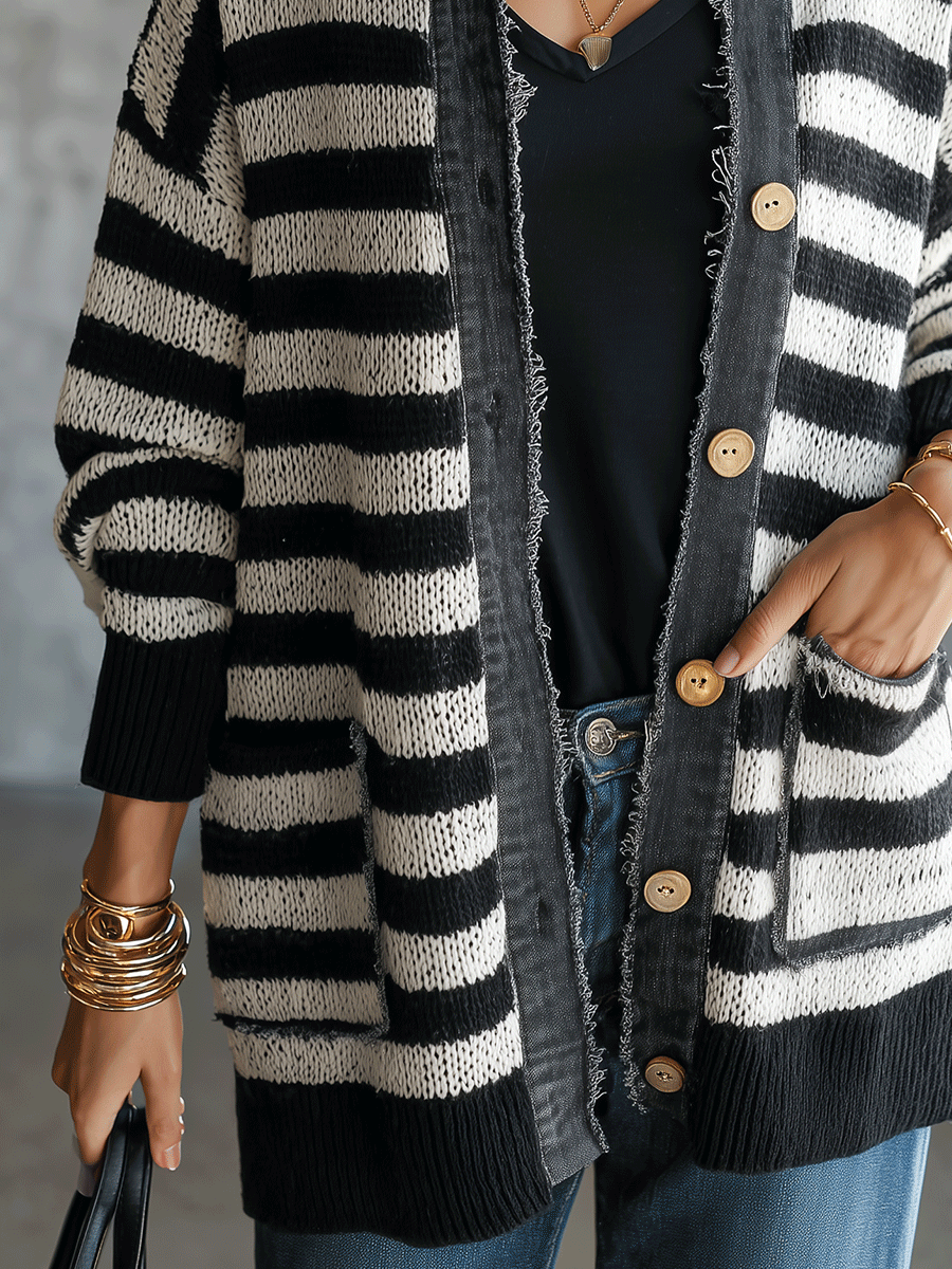 Women's Striped Button-Up Knit Raw-Edge Trim And Pockets Cardigan