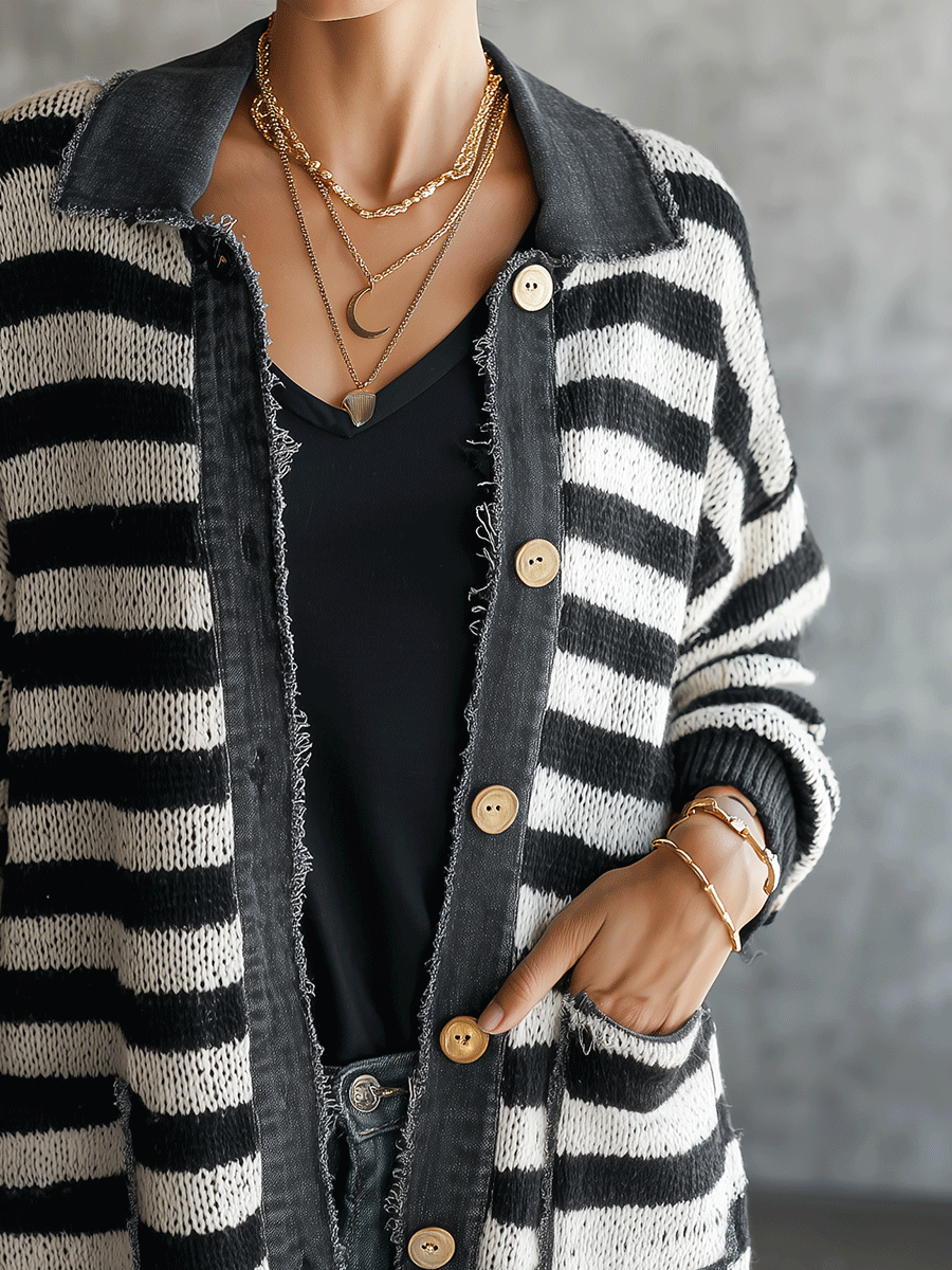 Women's Striped Button-Up Knit Raw-Edge Trim And Pockets Cardigan