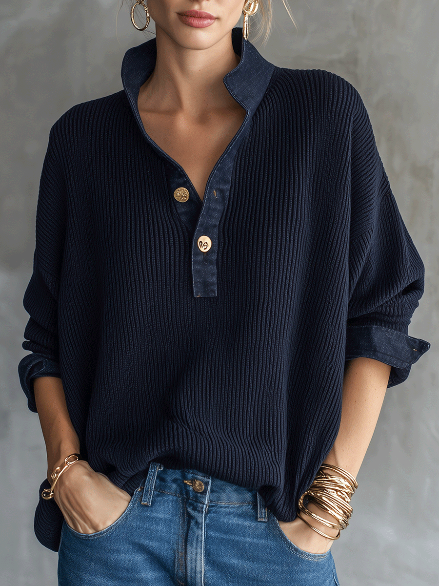 Women's Ribbed Knit Denim Collar Button Down Long Sleeve Top