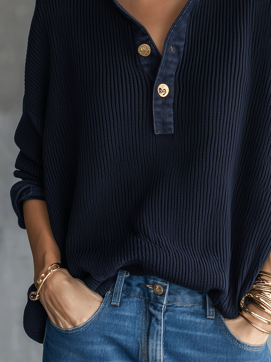 Women's Ribbed Knit Denim Collar Button Down Long Sleeve Top