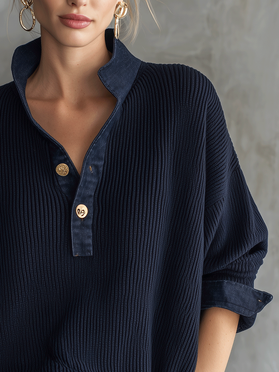 Women's Ribbed Knit Denim Collar Button Down Long Sleeve Top