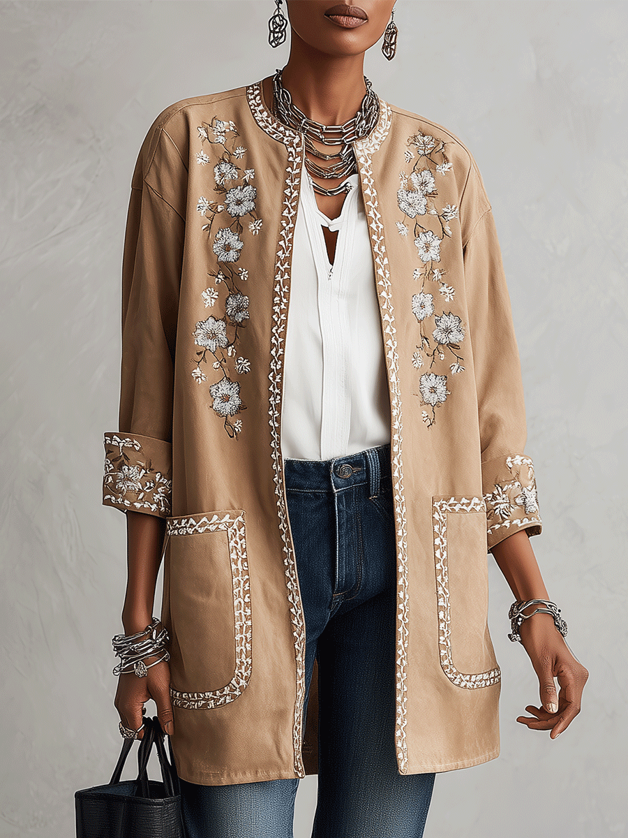 Women's Floral Embroidered Open-Front Suede Jacket