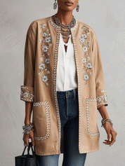Women's Floral Embroidered Open-Front Suede Jacket
