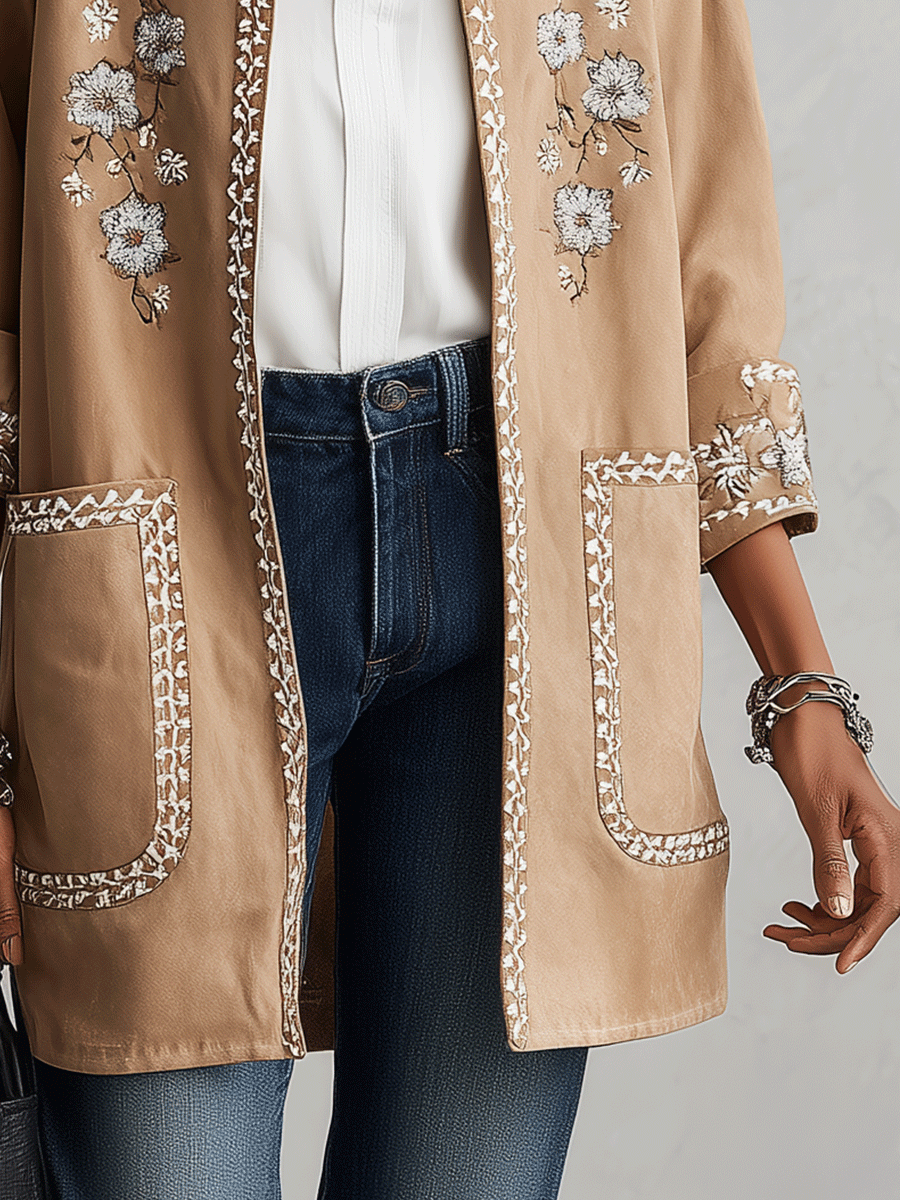 Women's Floral Embroidered Open-Front Suede Jacket