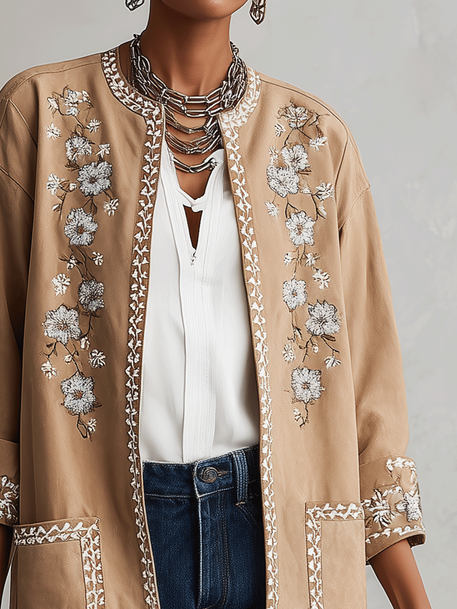 Women's Floral Embroidered Open-Front Suede Jacket