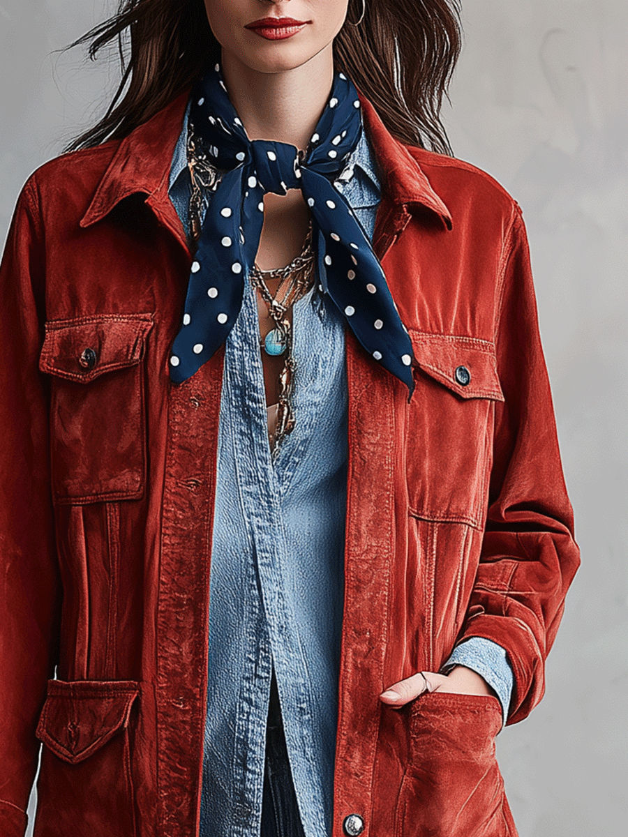 Women's Suede Shirt Button Front And Chest Pockets Jacket