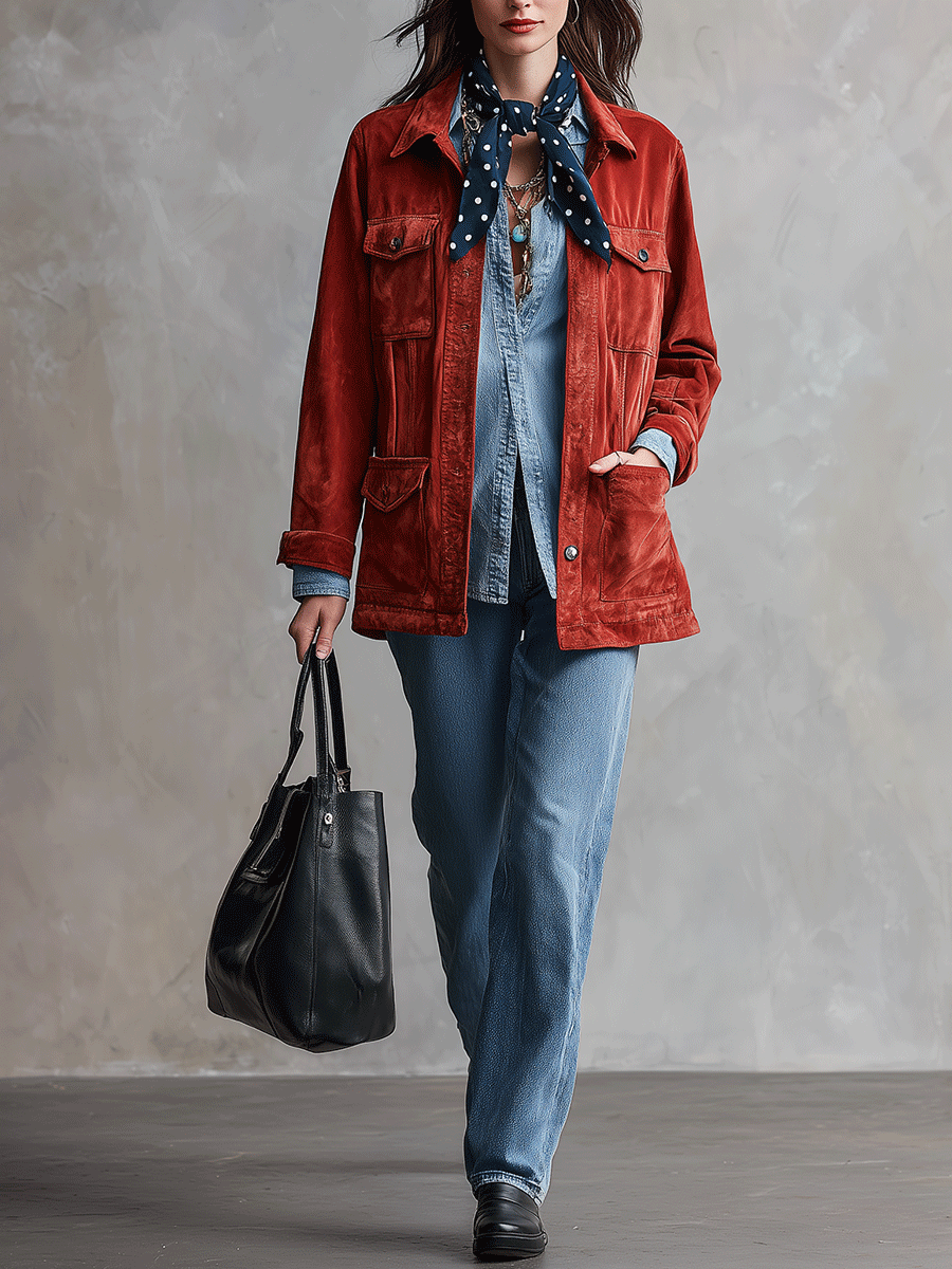 Women's Suede Shirt Button Front And Chest Pockets Jacket
