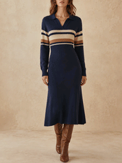 Effortless Cozy Ribbed-Knit Contrast-Stripe V-Neck Navy Blue A-Line Sweater Maxi Dress