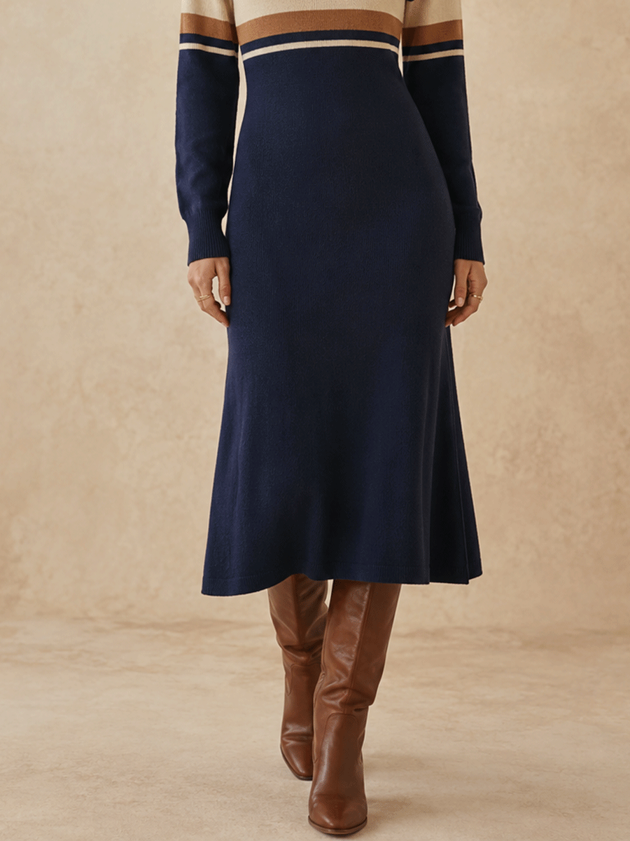 Effortless Cozy Ribbed-Knit Contrast-Stripe V-Neck Navy Blue A-Line Sweater Maxi Dress