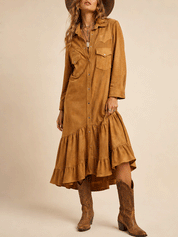 Vintage Faux-Suede Snap-Front Yoke Tiered-Hem Tan Western Maxi Dress
