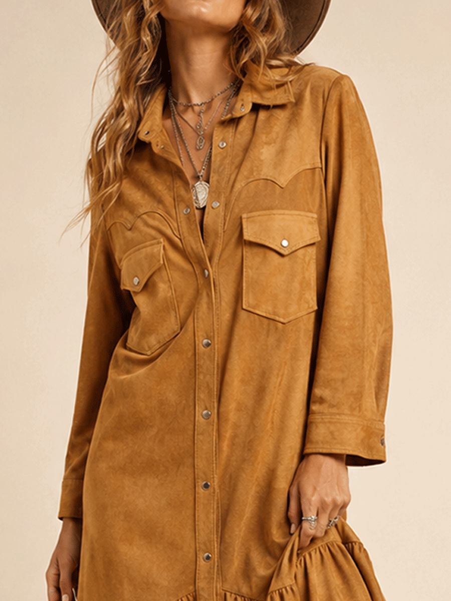 Vintage Faux-Suede Snap-Front Yoke Tiered-Hem Tan Western Maxi Dress