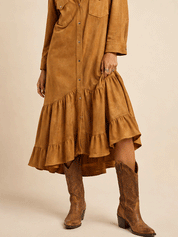 Vintage Faux-Suede Snap-Front Yoke Tiered-Hem Tan Western Maxi Dress