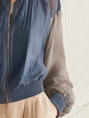 Refined Slate Pleated Chiffon Bomber Jacket