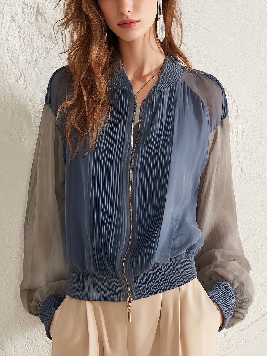 Refined Slate Pleated Chiffon Bomber Jacket