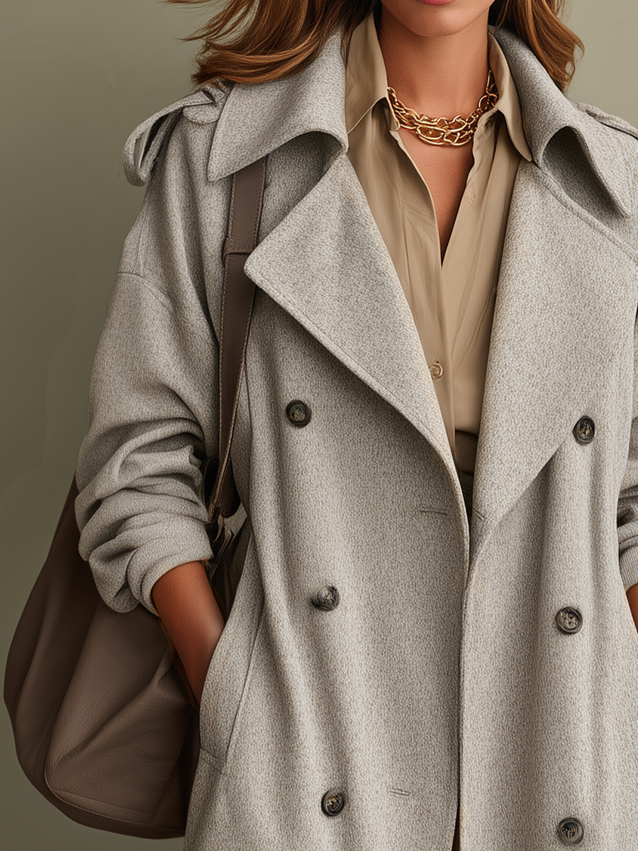 Timeless Light Grey Double-Breasted Long Coat
