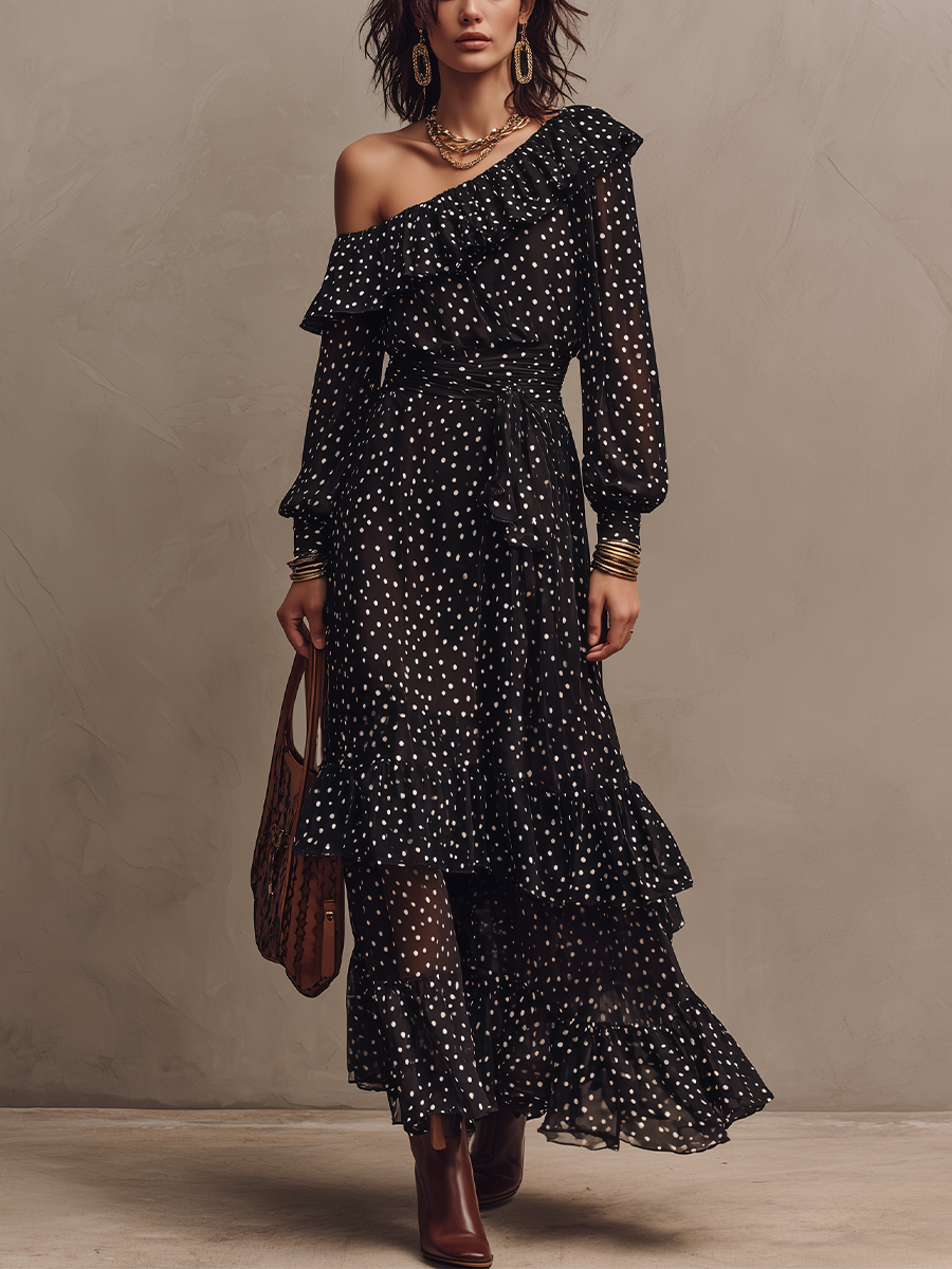 Elegant Black One-Shoulder Polka Dot Midi Dress