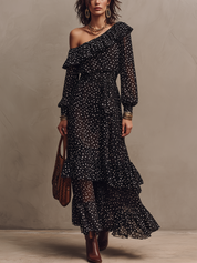Elegant Black One-Shoulder Polka Dot Midi Dress