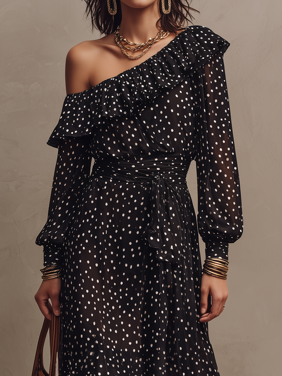 Elegant Black One-Shoulder Polka Dot Midi Dress