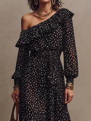 Elegant Black One-Shoulder Polka Dot Midi Dress