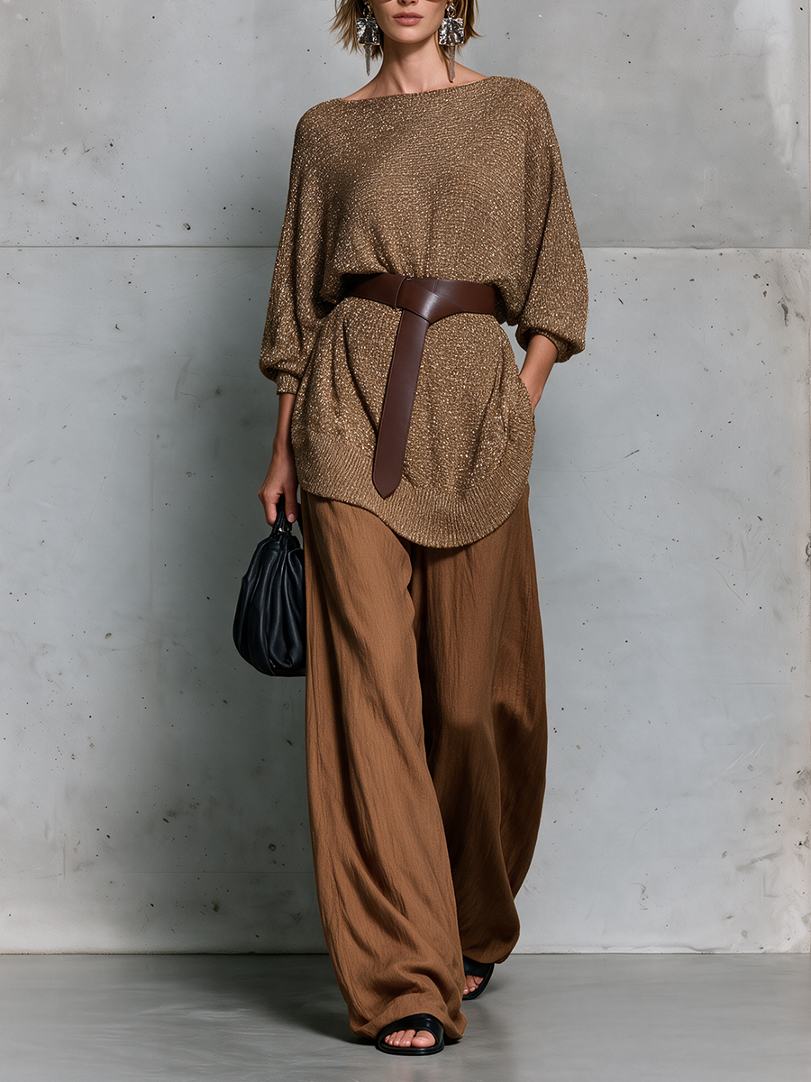 Quiet Luxe Metallic Knit Top & Flowing Wide Leg Pants Set