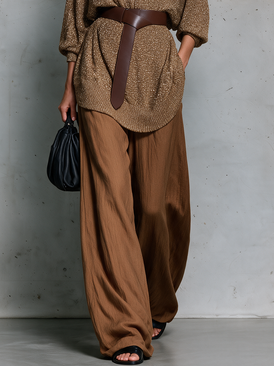 Quiet Luxe Metallic Knit Top & Flowing Wide Leg Pants Set