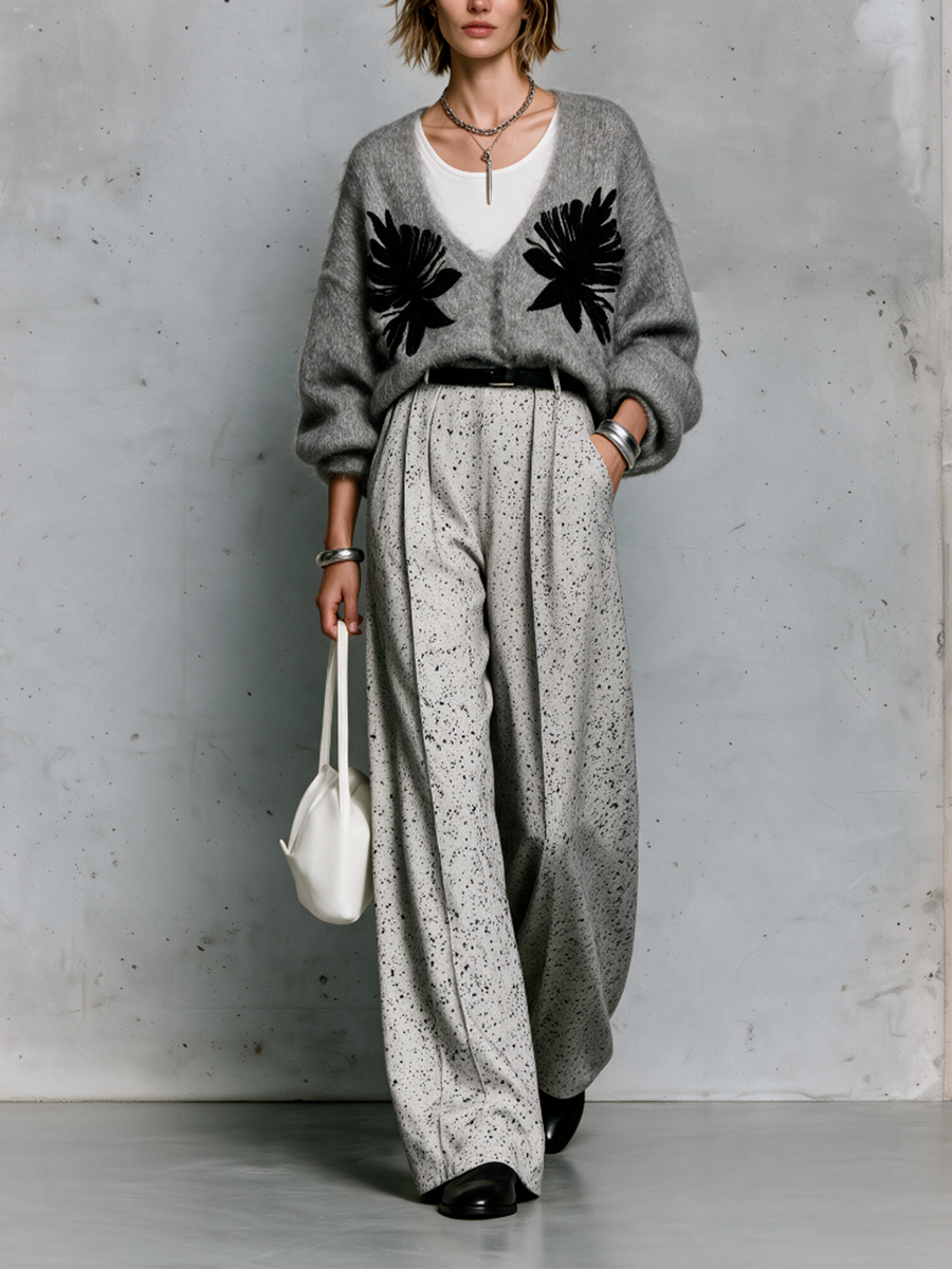 Effortless Chic V-Neck Cardigan & Abstract Palazzo Pants Outfit