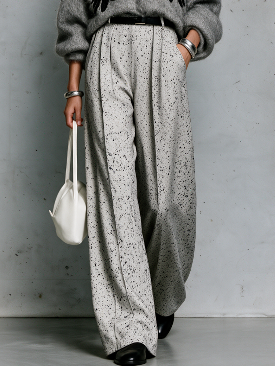 Effortless Chic V-Neck Cardigan & Abstract Palazzo Pants Outfit