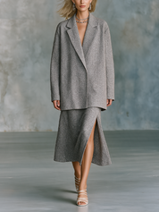Effortless Evening Silver Knit Suit Skirt Set