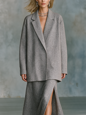 Effortless Evening Silver Knit Suit Skirt Set