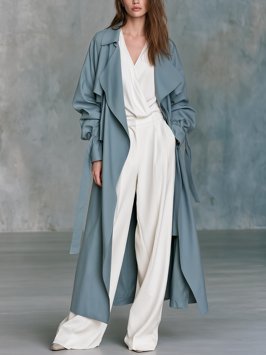 Quiet Luxe Dusty Blue Belted Trench Coat