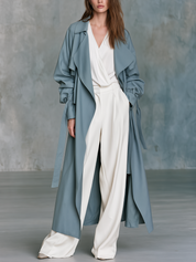 Quiet Luxe Dusty Blue Belted Trench Coat