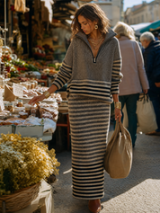 Elegant Charcoal Striped Knit Maxi Skirt