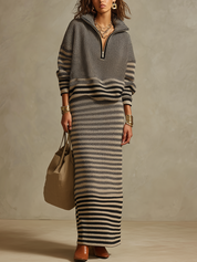 Elegant Charcoal Striped Knit Maxi Skirt