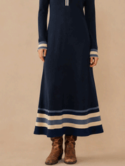 Chic Ribbed-Knit Contrast-Stripe Navy Blue Sweater Maxi Dress